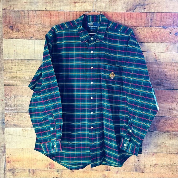 Vintage 90’s Polo by Ralph Lauren Langston Cotton Button Up W Embroidered Crest - Picture 1 of 6